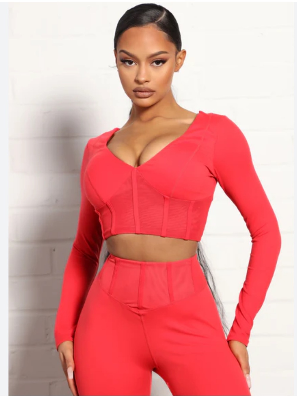 Fashion Nova Long-Sleeve V-Neck Crop Top